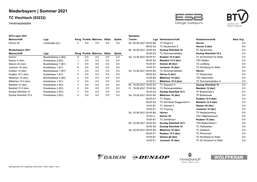 Niederbayern | Sommer 2021 TC Viechtach (03232) Vereinsspielplan