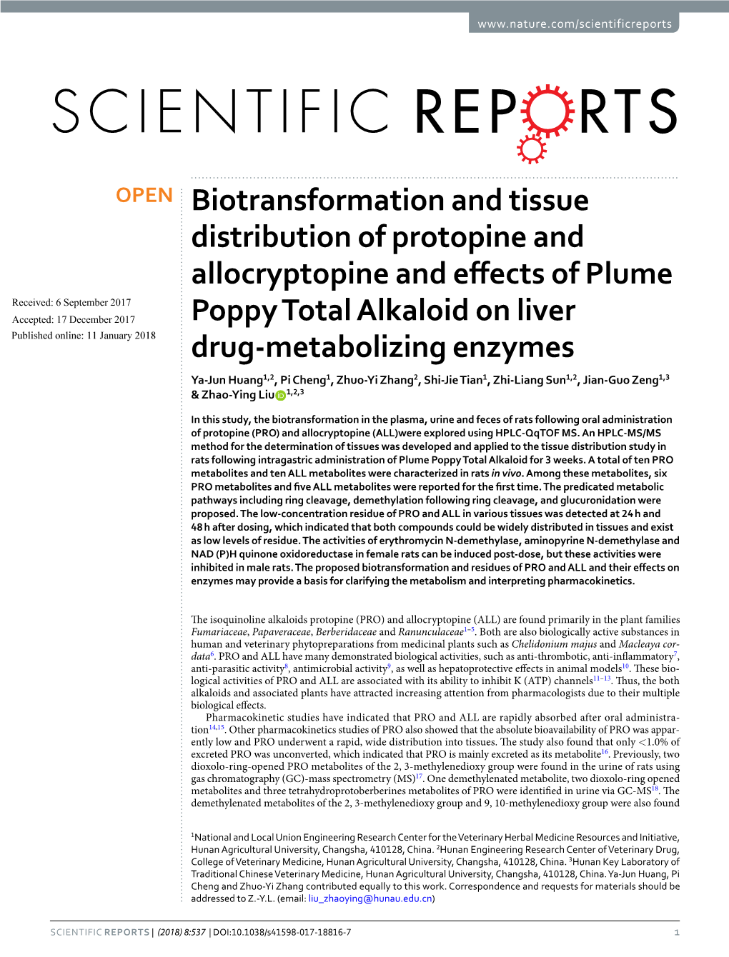 Biotransformation and Tissue Distribution of Protopine And