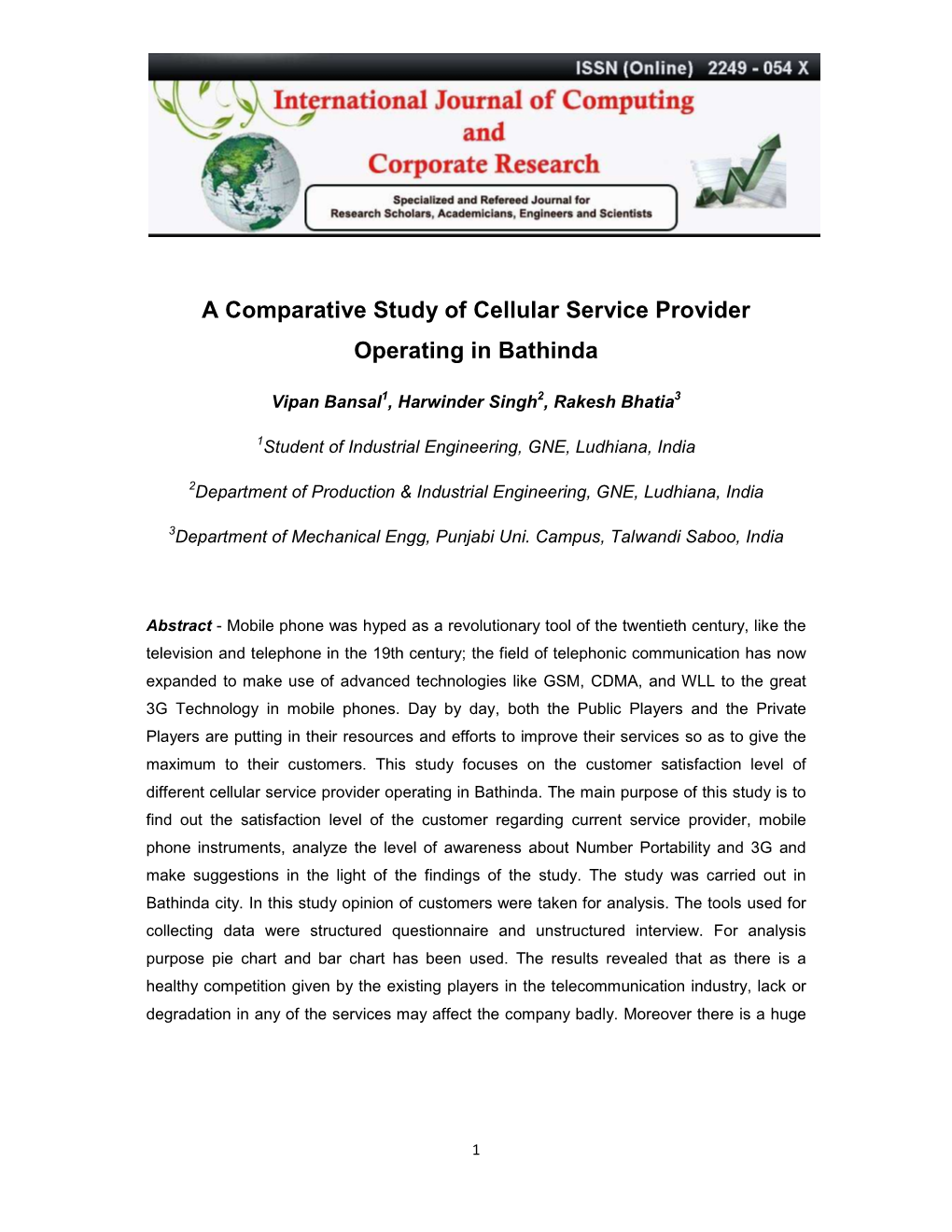 A Comparative Study of Cellular Service Provider Operating in Bathinda