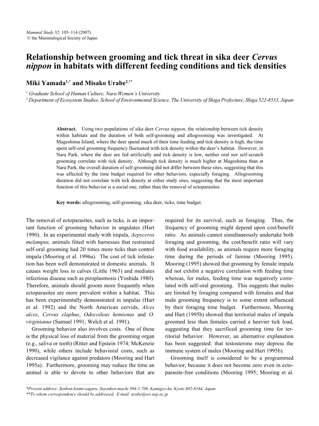 Relationship Between Grooming and Tick Threat in Sika Deer Cervus Nippon in Habitats with Different Feeding Conditions and Tick Densities