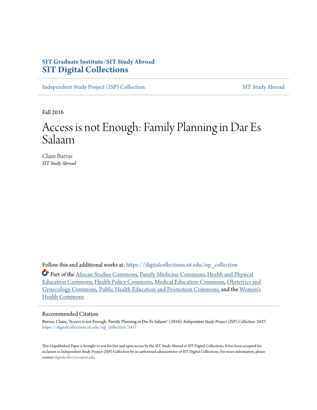 Family Planning in Dar Es Salaam Claire Burrus SIT Study Abroad