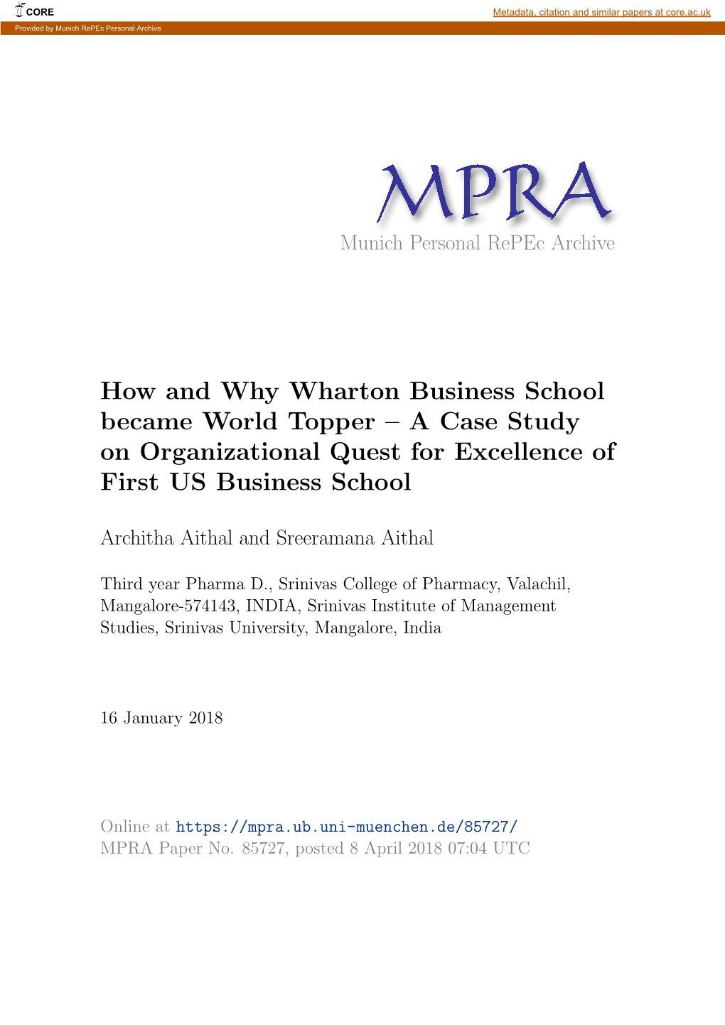 How and Why Wharton Business School Became World Topper – a Case Study on Organizational Quest for Excellence of First US Business School