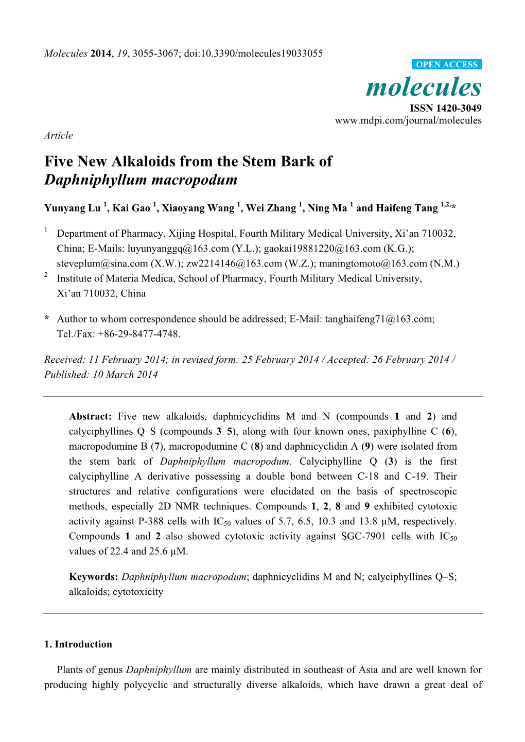 Five New Alkaloids from the Stem Bark of Daphniphyllum Macropodum