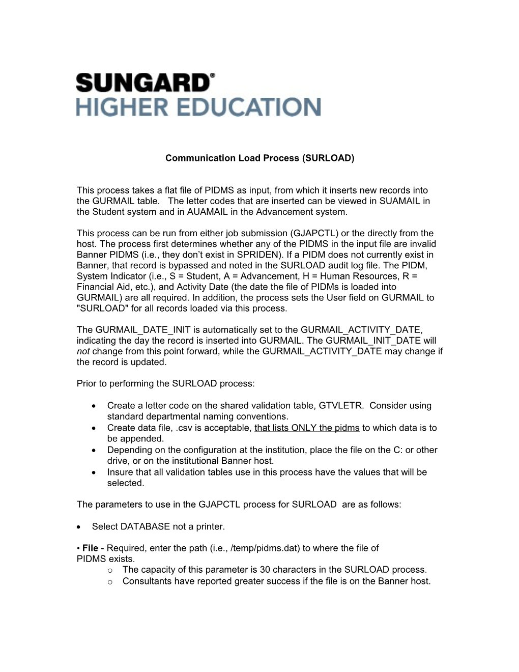 Communication Load Process (SURLOAD)