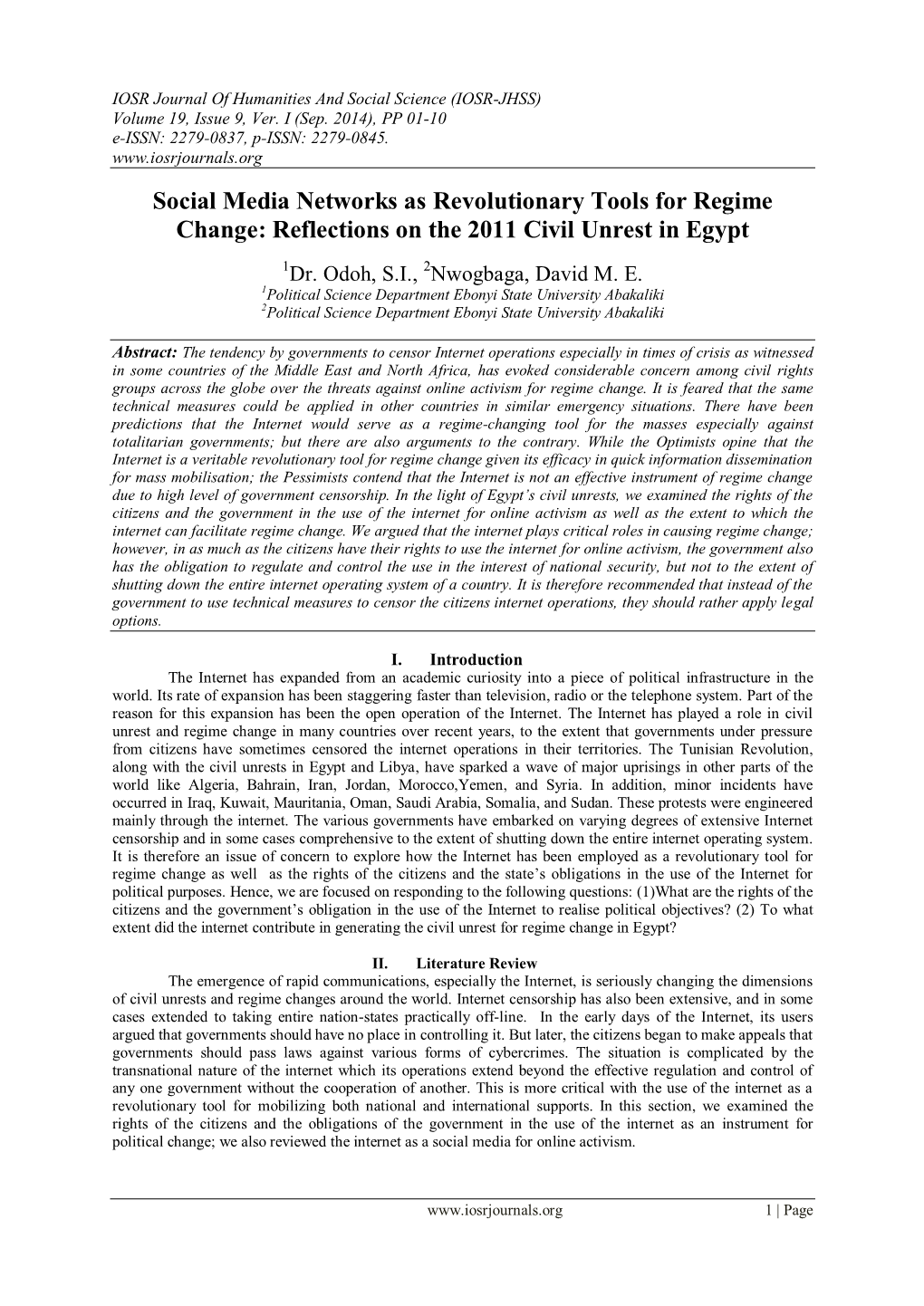 Social Media Networks As Revolutionary Tools for Regime Change: Reflections on the 2011 Civil Unrest in Egypt