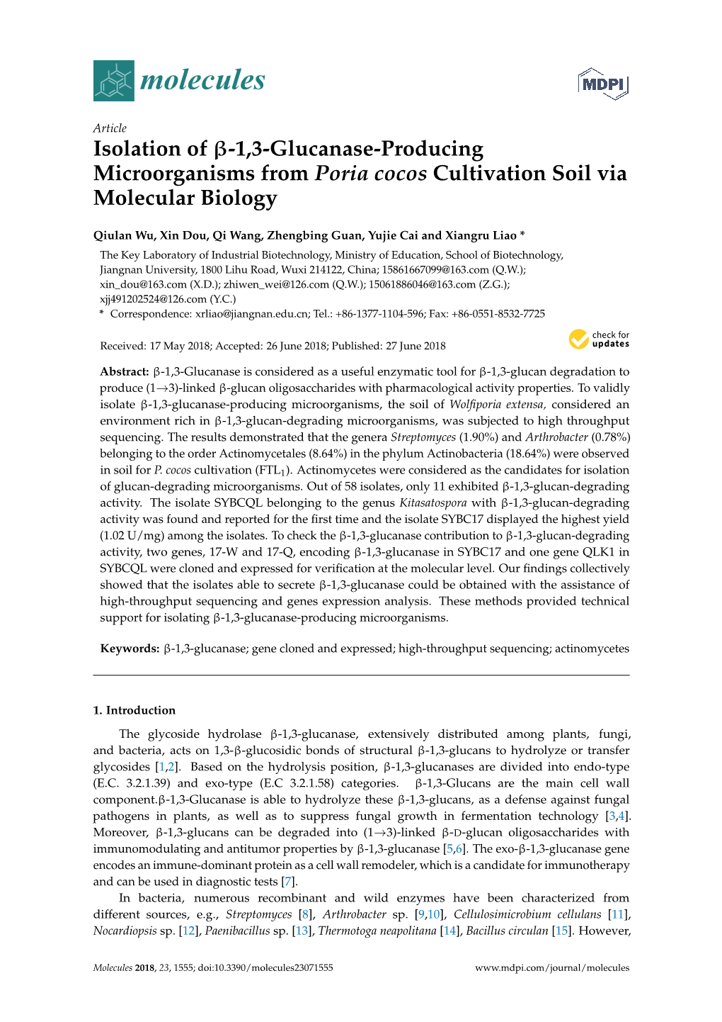 Isolation of Β-1, 3-Glucanase-Producing Microorganisms from Poria Cocos Cultivation Soil Via Molecular Biology