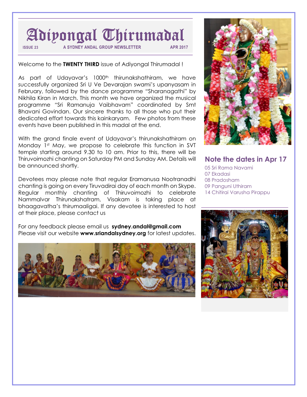 Adiyongal Thirumadal ISSUE 23 a SYDNEY ANDAL GROUP NEWSLETTER APR 2017