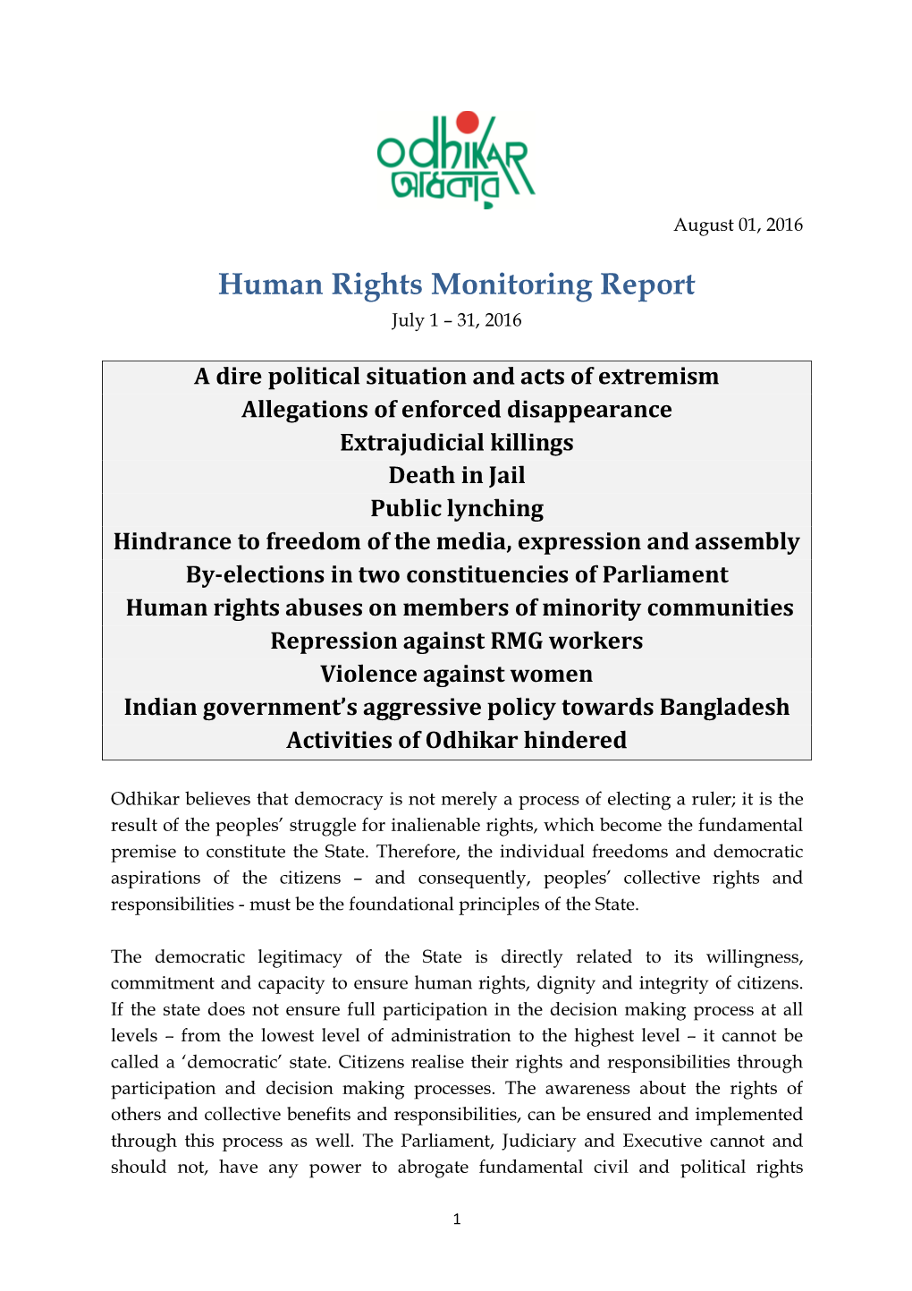 Human Rights Monitoring Report July 1 – 31, 2016