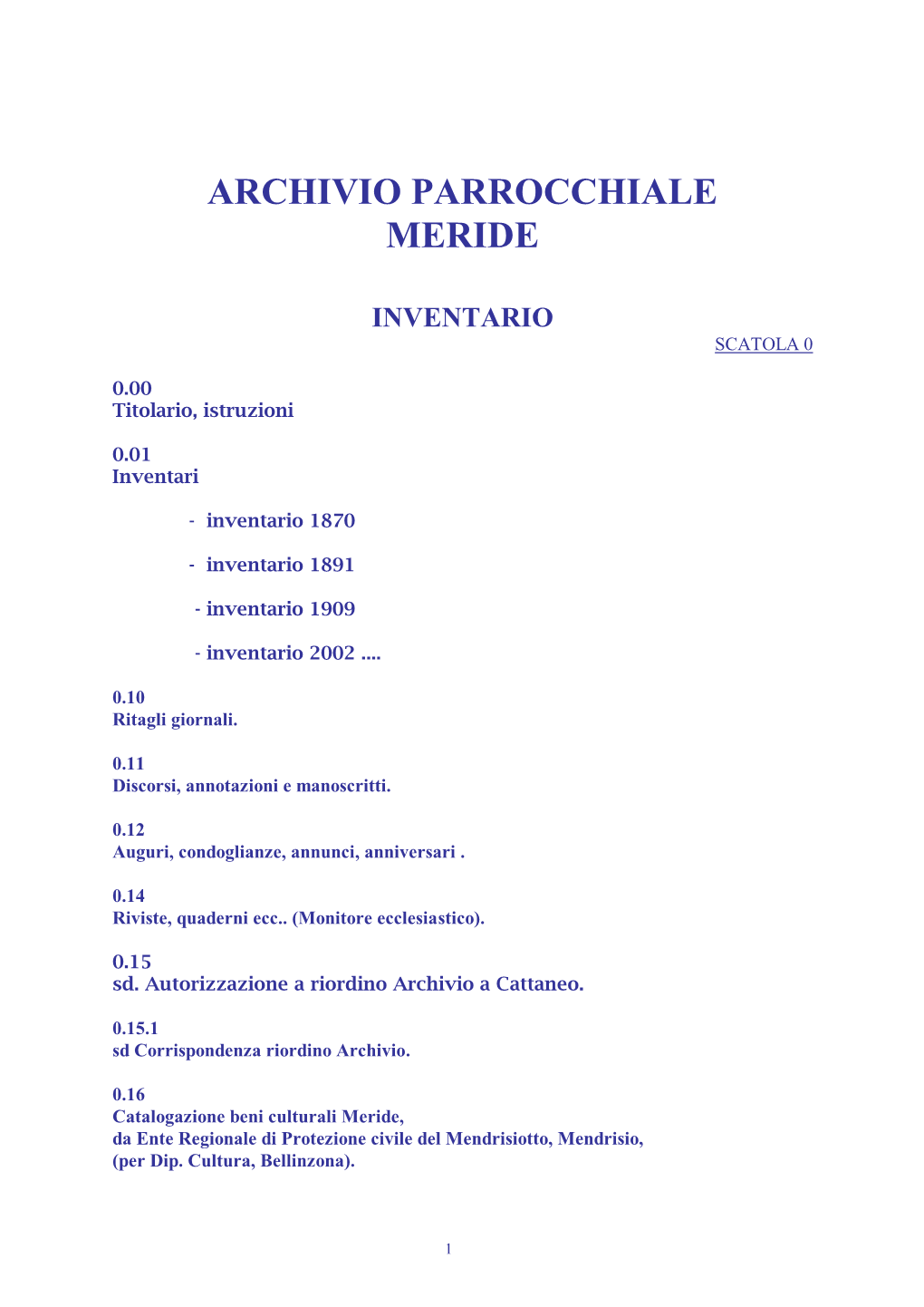 Inventario Dell'archivio Parrocchiale Di Meride