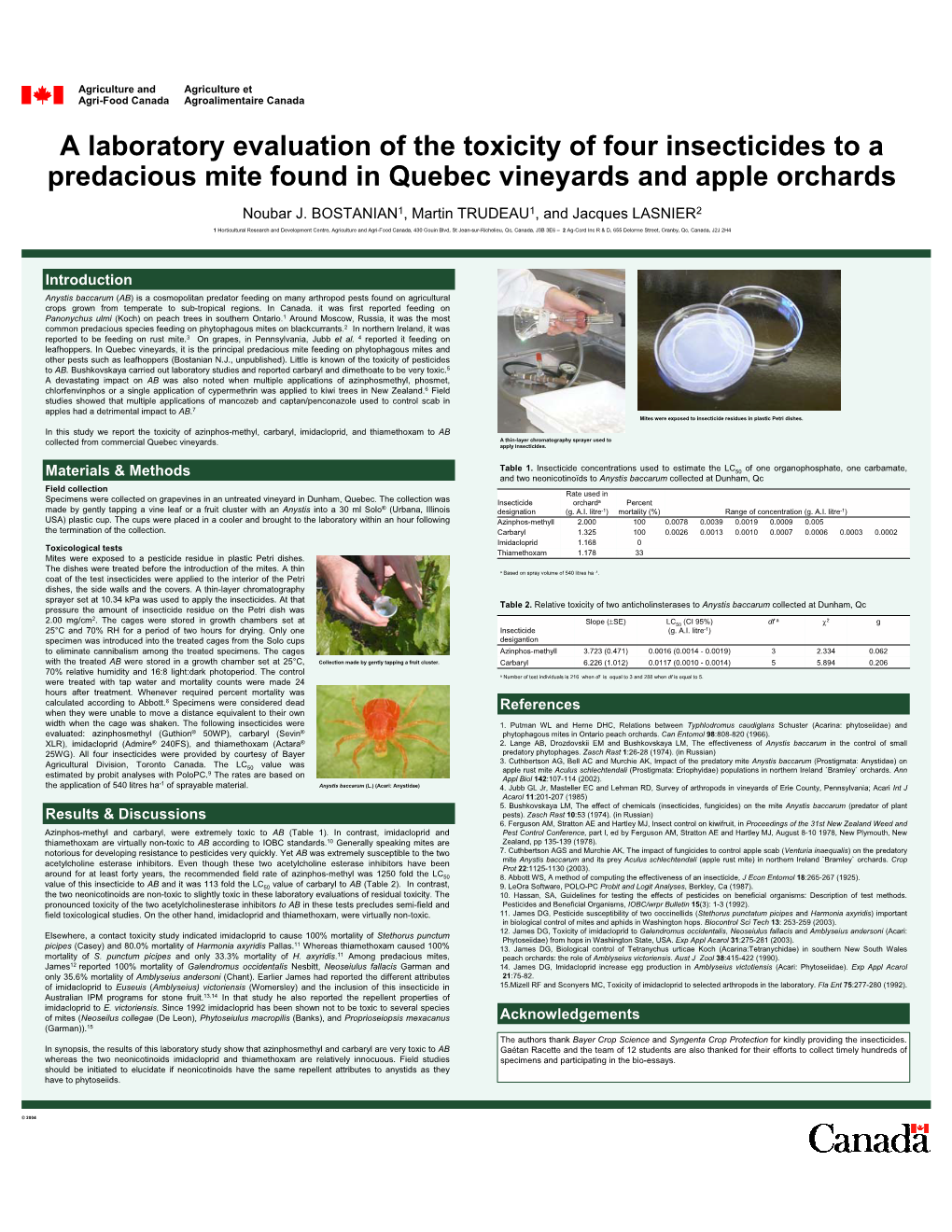 A Laboratory Evaluation of the Toxicity of Four Insecticides to a Predacious Mite Found in Quebec Vineyards and Apple Orchards