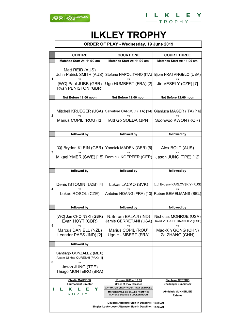 ILKLEY TROPHY ORDER of PLAY - Wednesday, 19 June 2019