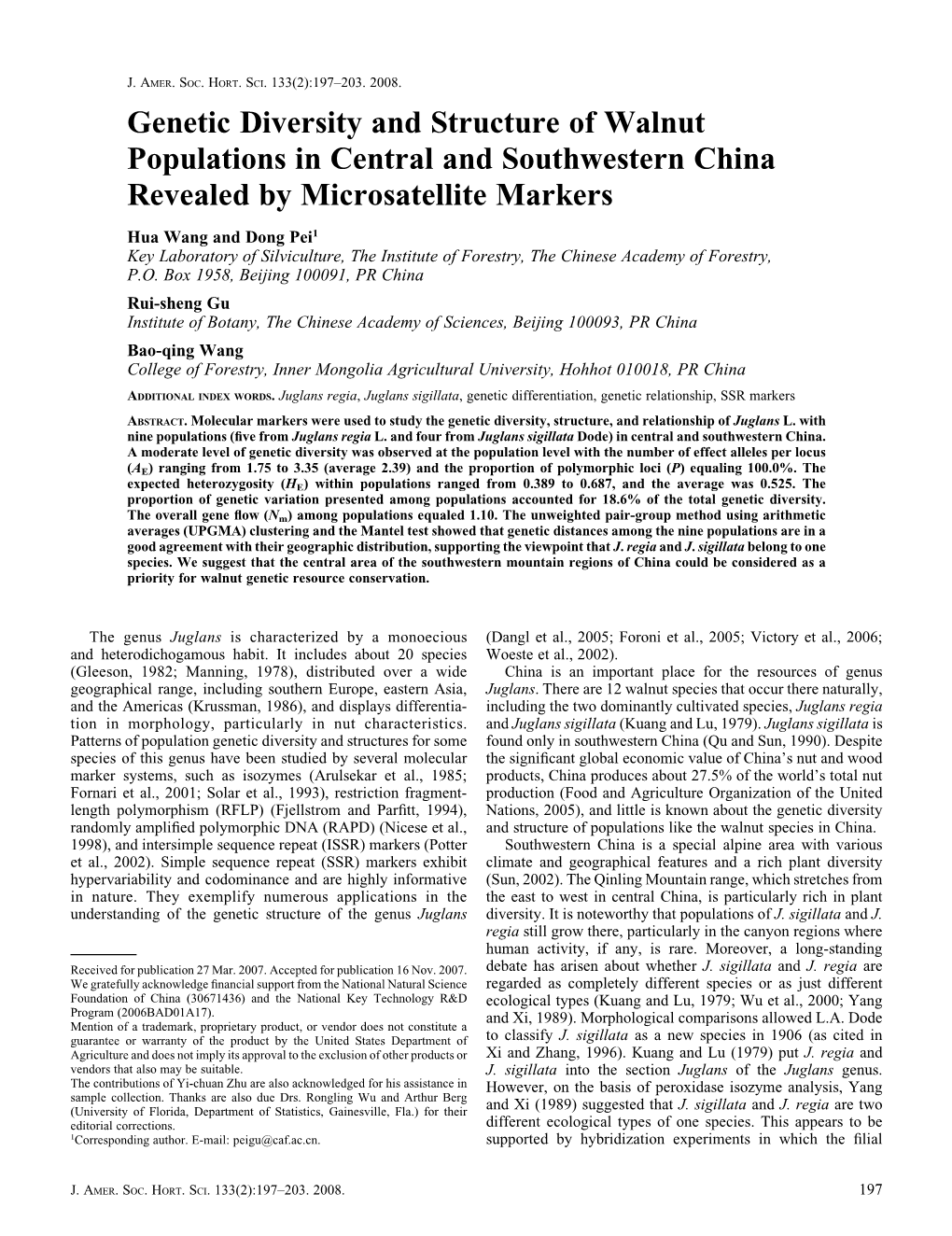 Genetic Diversity and Structure of Walnut Populations in Central and Southwestern China Revealed by Microsatellite Markers