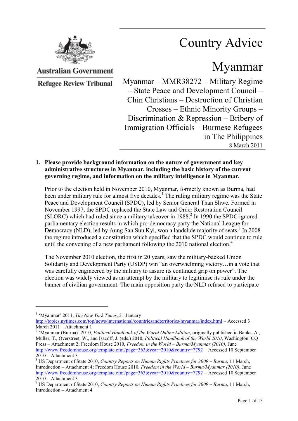 Country Advice Myanmar Myanmar – MMR38272 – Military Regime