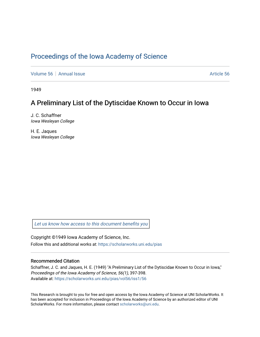 A Preliminary List of the Dytiscidae Known to Occur in Iowa