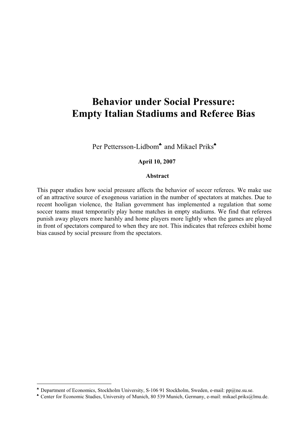 Empty Italian Stadiums and Referee Bias