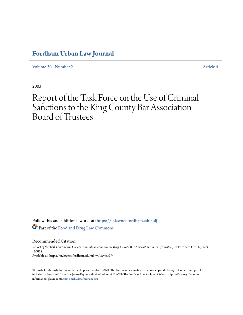 Report of the Task Force on the Use of Criminal Sanctions to the King County Bar Association Board of Trustees