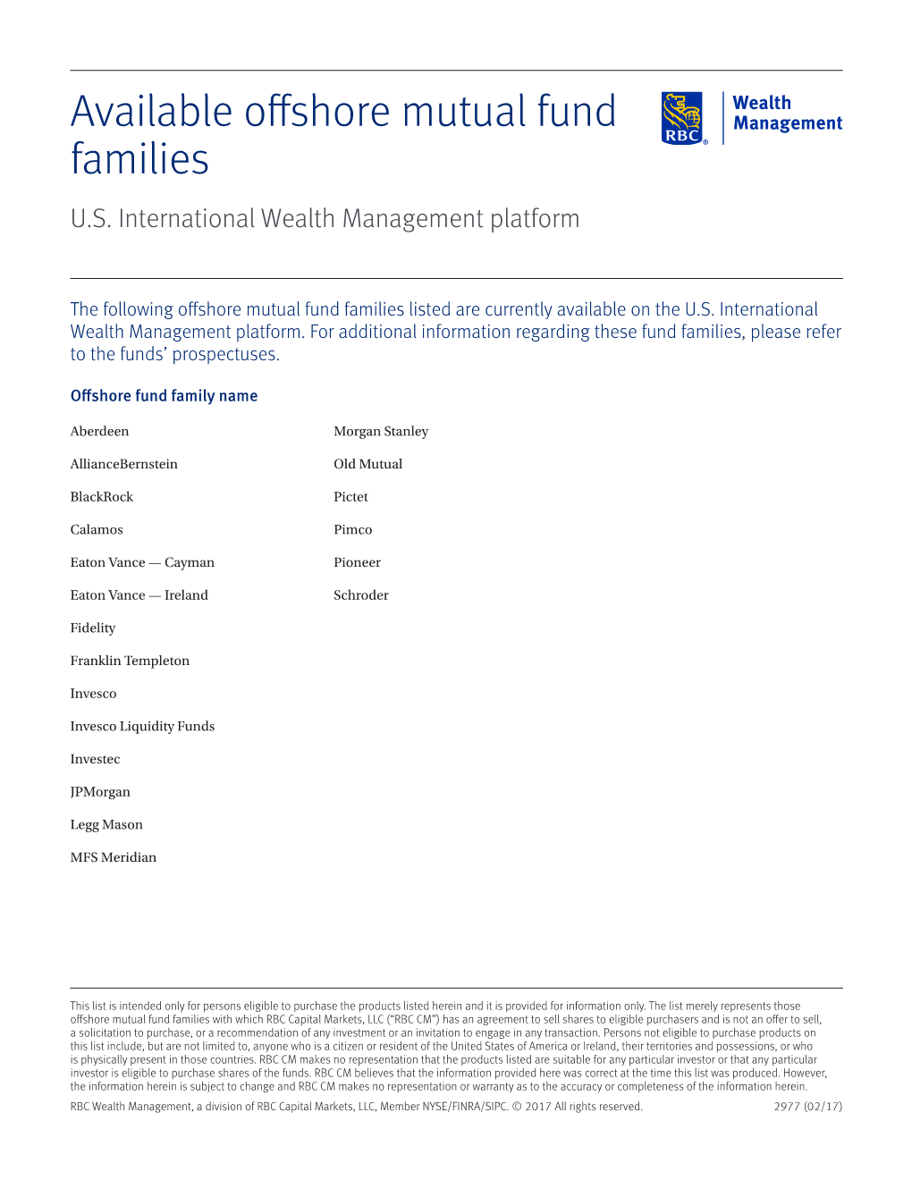 Available Offshore Mutual Fund Families Fact Sheet