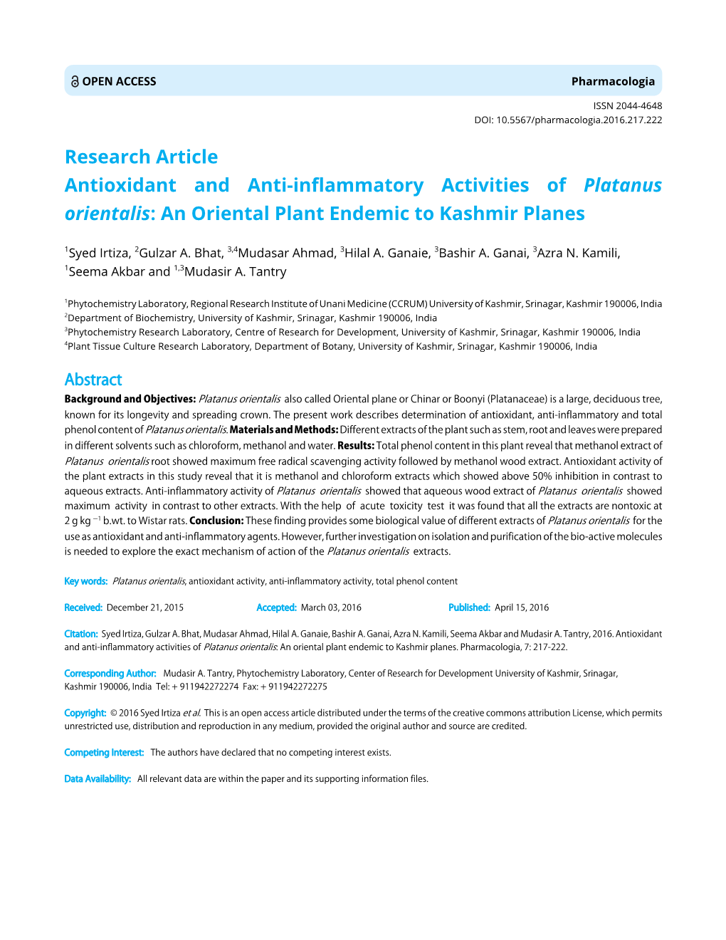 Antioxidant and Anti-Inflammatory Activities of Platanus Orientalis: an Oriental Plant Endemic to Kashmir Planes