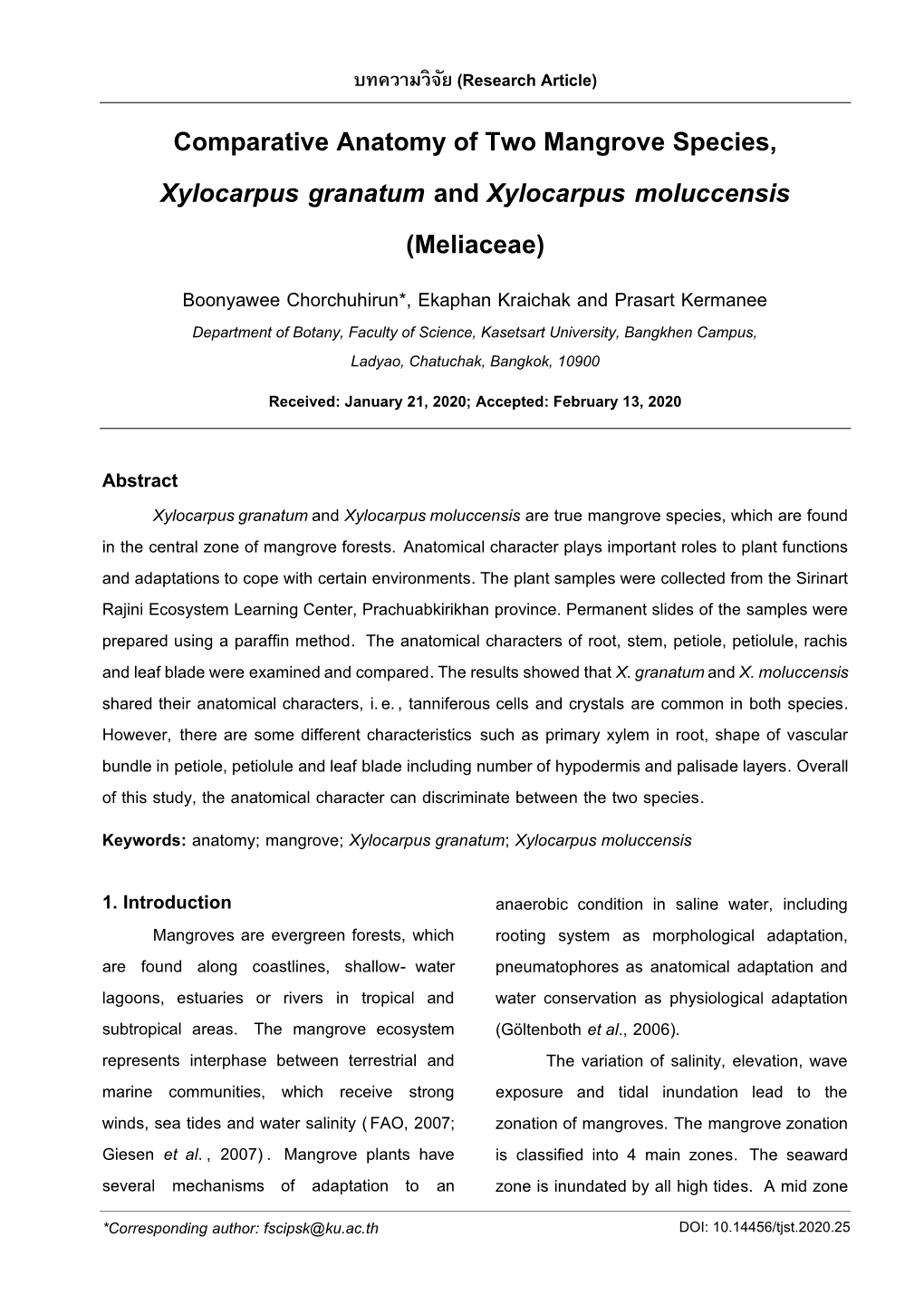 Comparative Anatomy of Two Mangrove Species, Xylocarpus Granatum and Xylocarpus Moluccensis (Meliaceae)