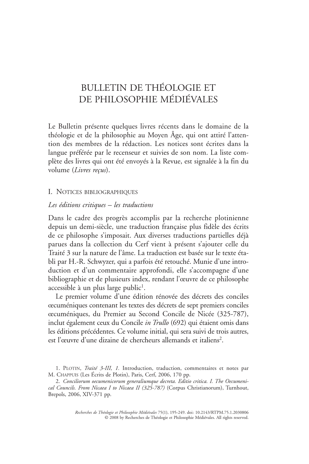 Bulletin De Théologie Et De Philosophie Médiévales