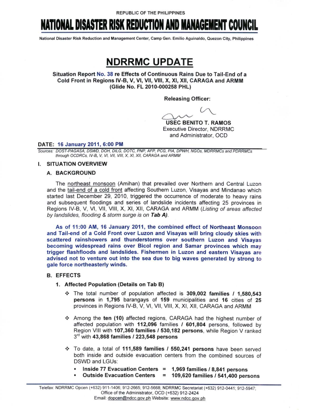 NDRRMC Update Sitrep No. 38 Flooding & Landslides 16Jan2011-6PM