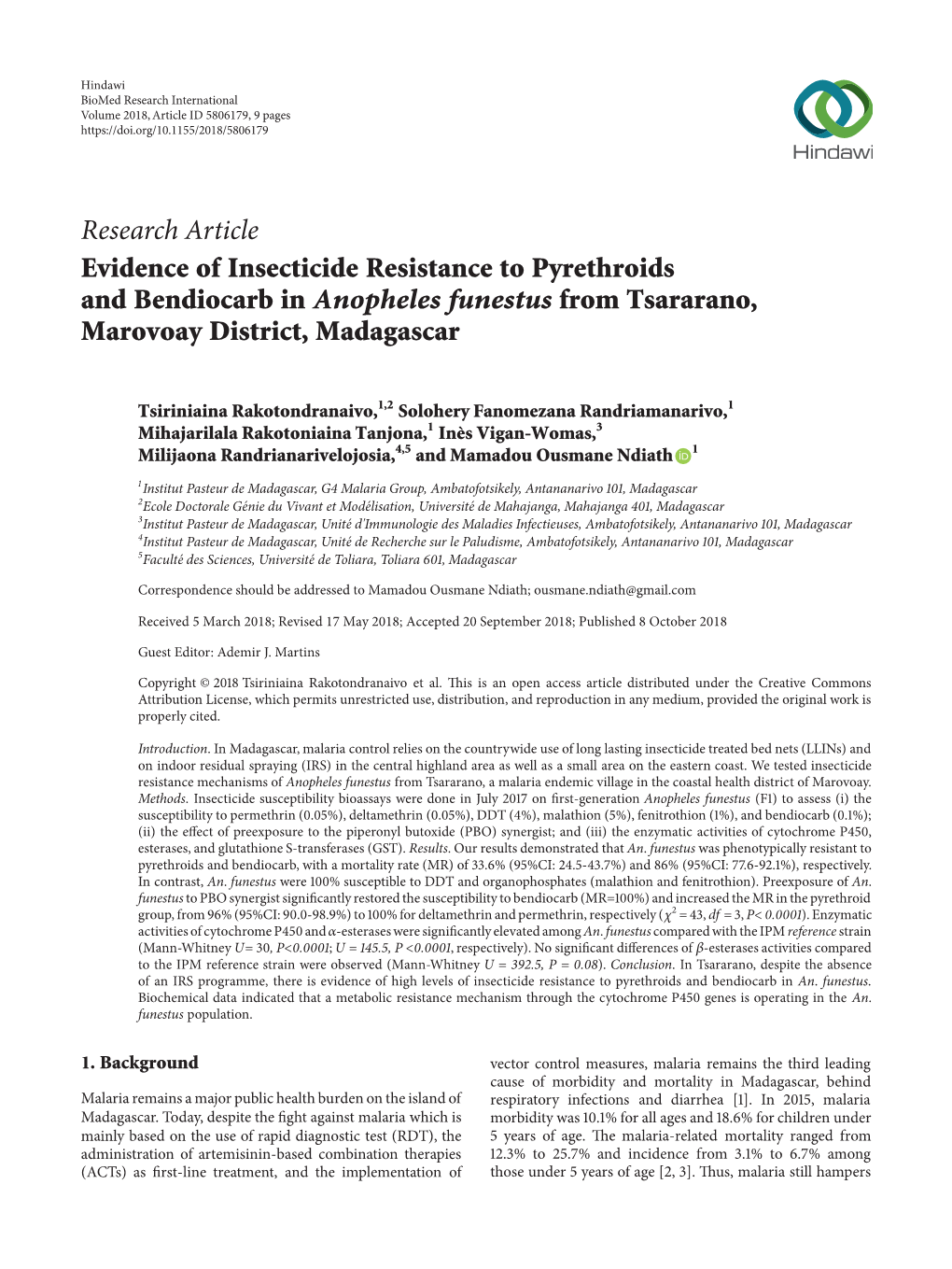 Evidence of Insecticide Resistance to Pyrethroids and Bendiocarb in Anopheles Funestus from Tsararano, Marovoay District, Madagascar