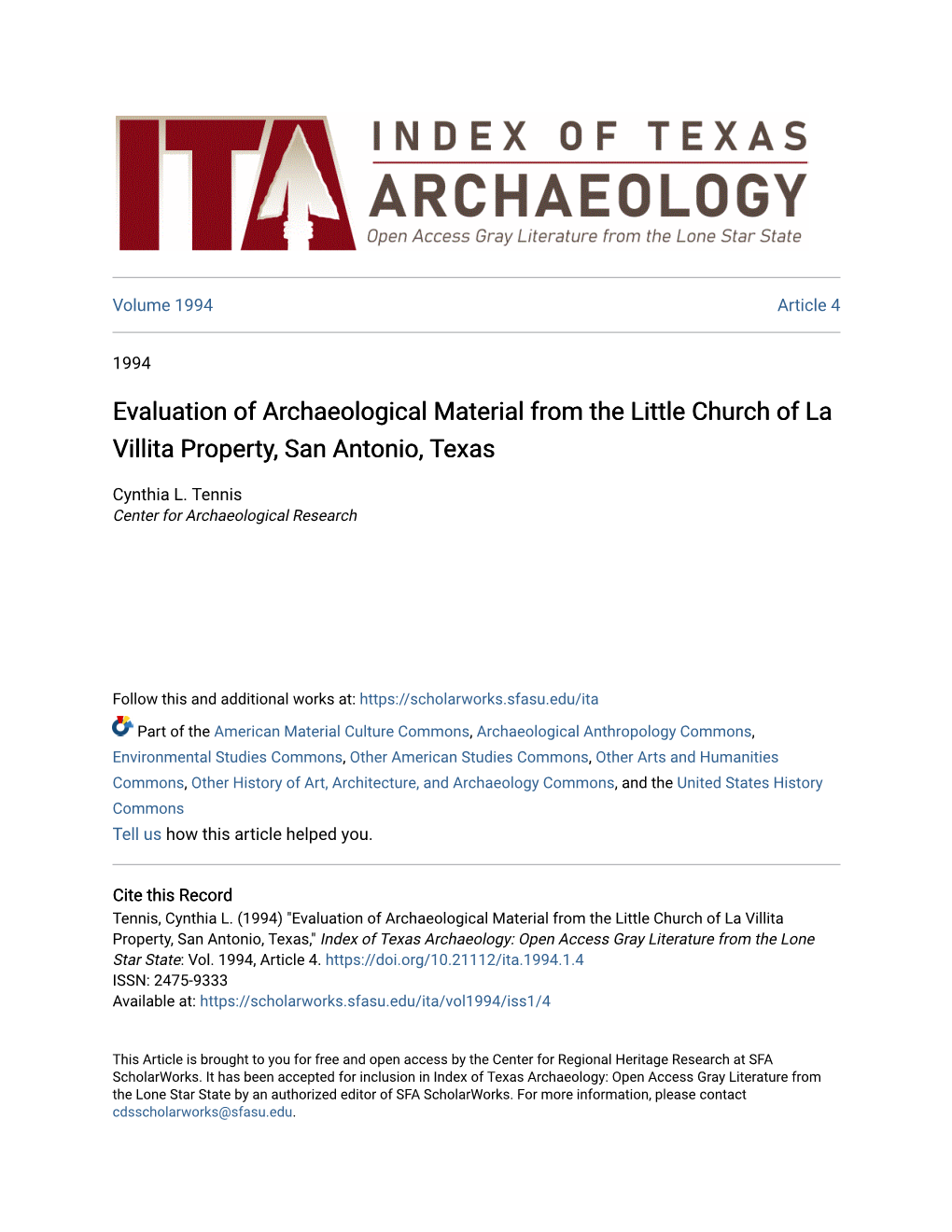 Evaluation of Archaeological Material from the Little Church of La Villita Property, San Antonio, Texas