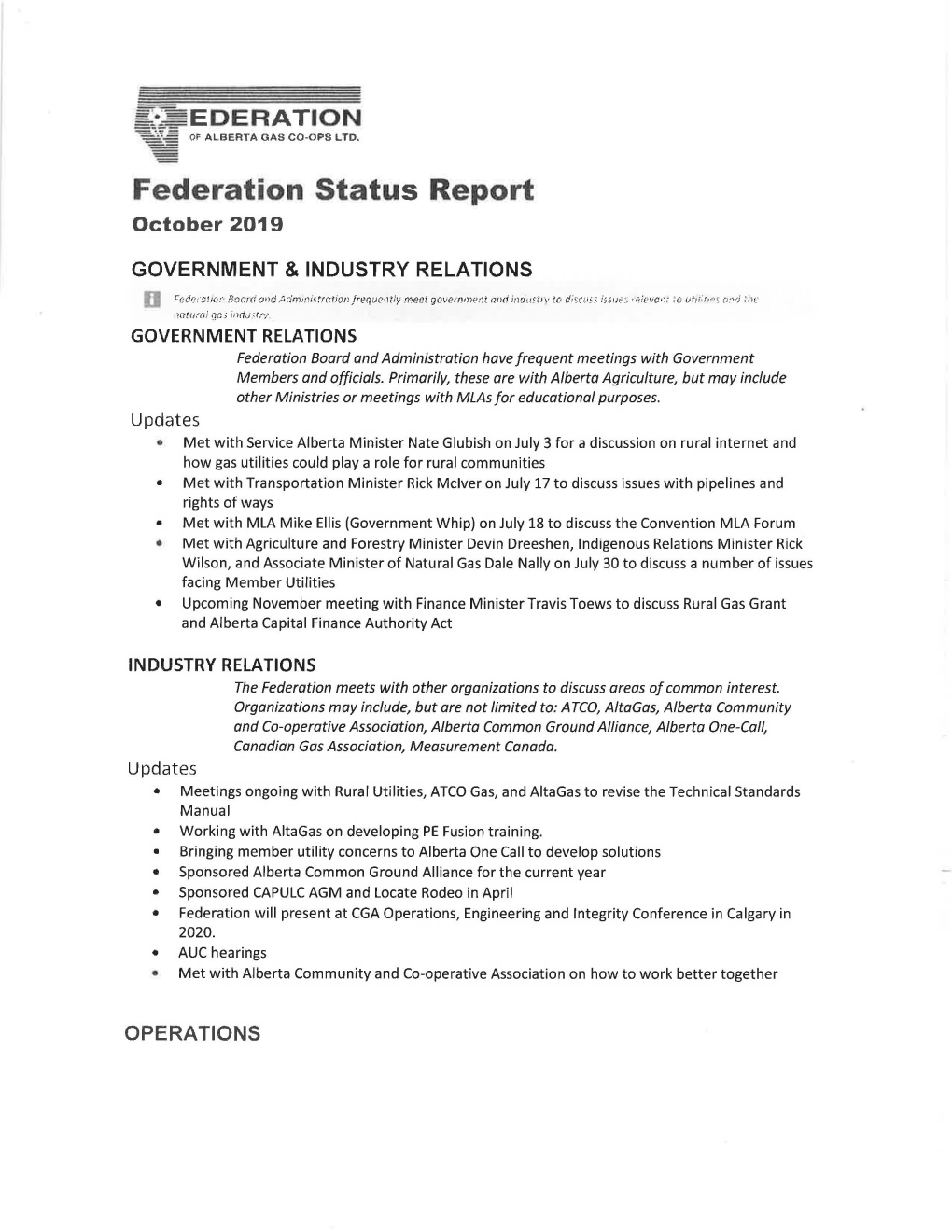 Federation Status Report October 2019