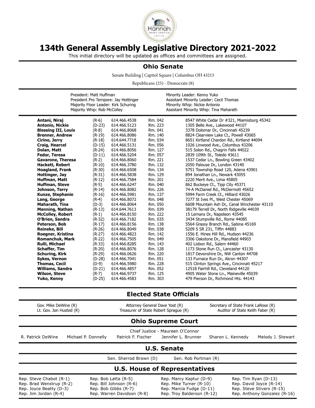 134Th General Assembly Legislative Directory 2021-2022 This Initial Directory Will Be Updated As Offices and Committees Are Assigned