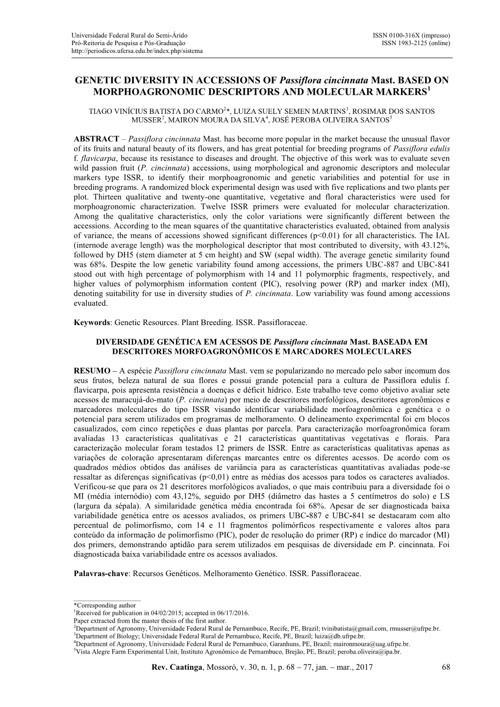 GENETIC DIVERSITY in ACCESSIONS of Passiflora Cincinnata Mast