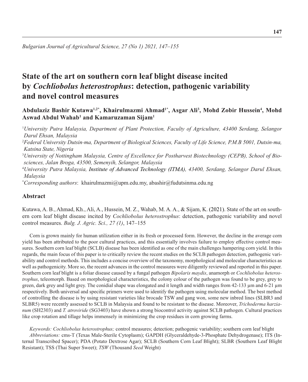 State of the Art on Southern Corn Leaf Blight Disease Incited by Cochliobolus Heterostrophus: Detection, Pathogenic Variability and Novel Control Measures