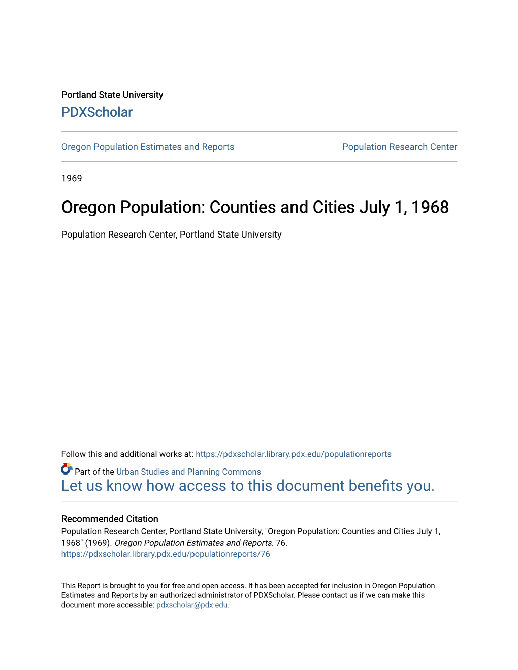Oregon Population Estimates and Reports Population Research Center