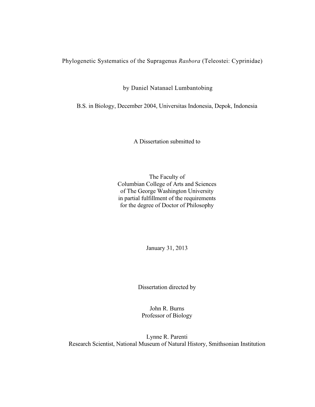 Phylogenetic Systematics of the Supragenus Rasbora (Teleostei: Cyprinidae)