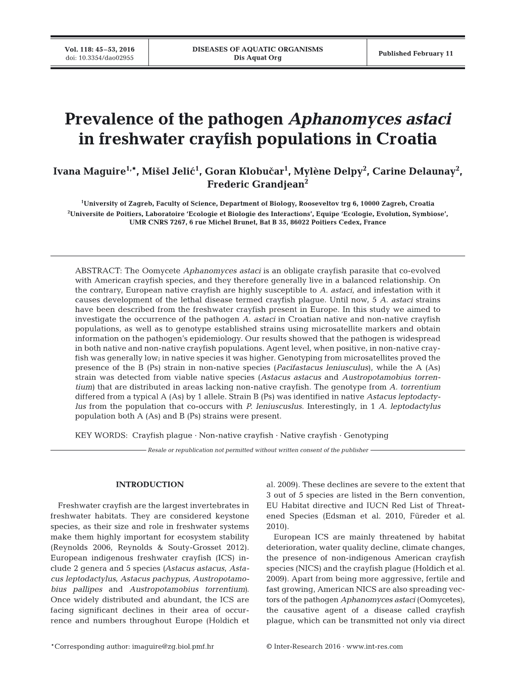 Prevalence of the Pathogen Aphanomyces Astaci in Freshwater Crayfish Populations in Croatia