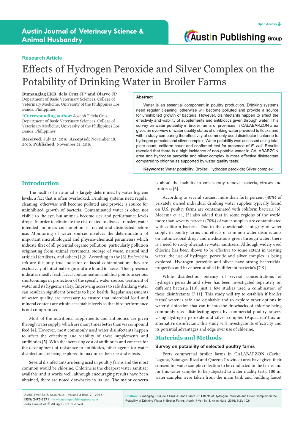 Effects of Hydrogen Peroxide and Silver Complex on the Potability of Drinking Water in Broiler Farms