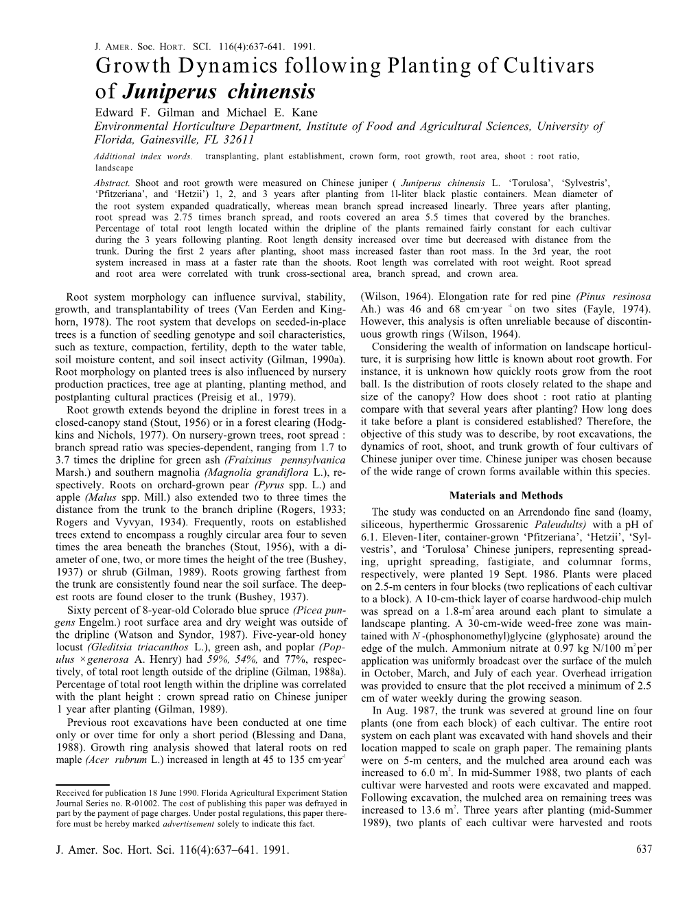 "Growth Dynamics Following Planting of Cultivars of 'Juniperus Chinensis'"