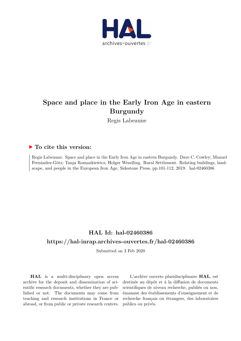 Space and Place in the Early Iron Age in Eastern Burgundy Regis Labeaune