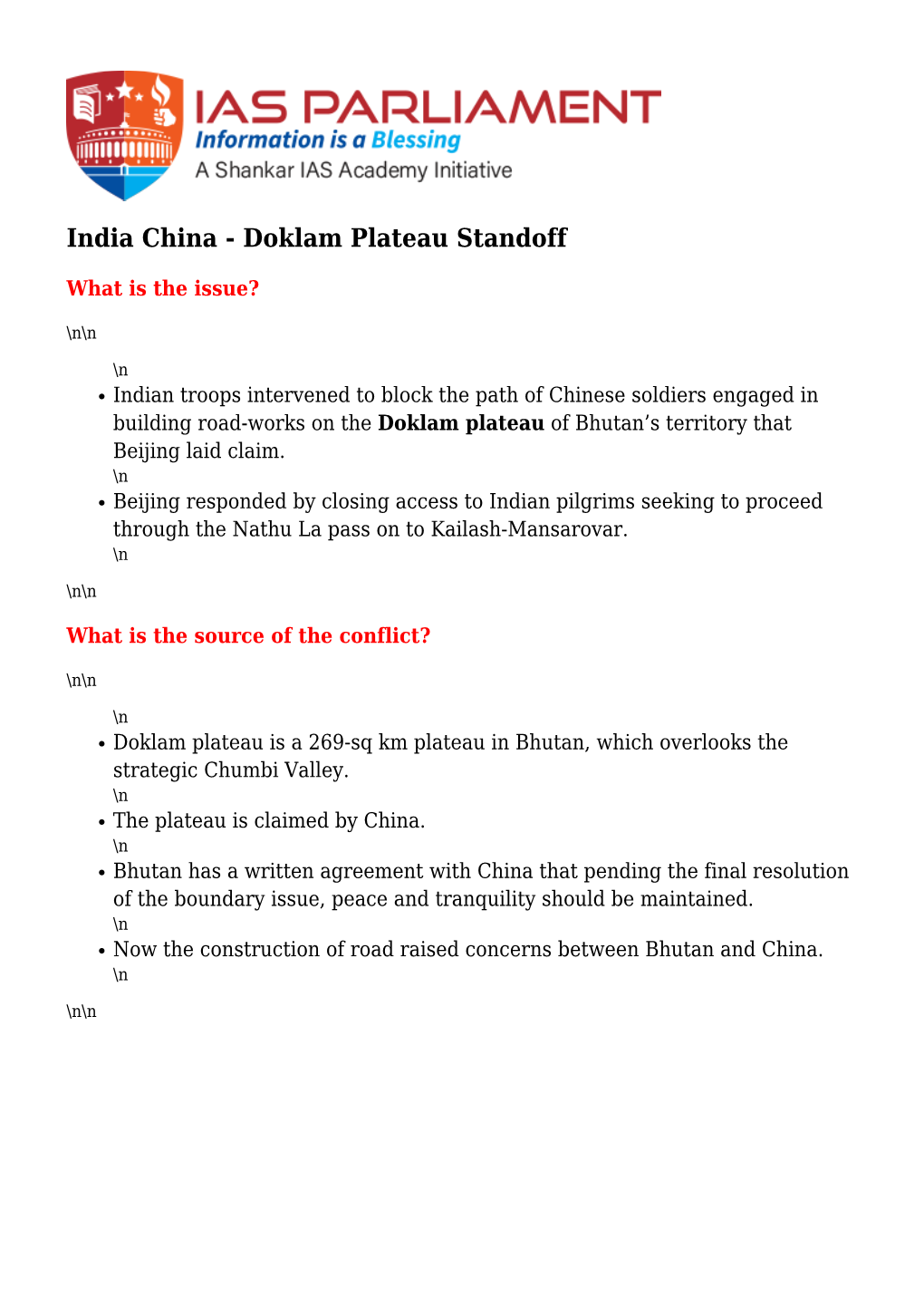 India China - Doklam Plateau Standoff