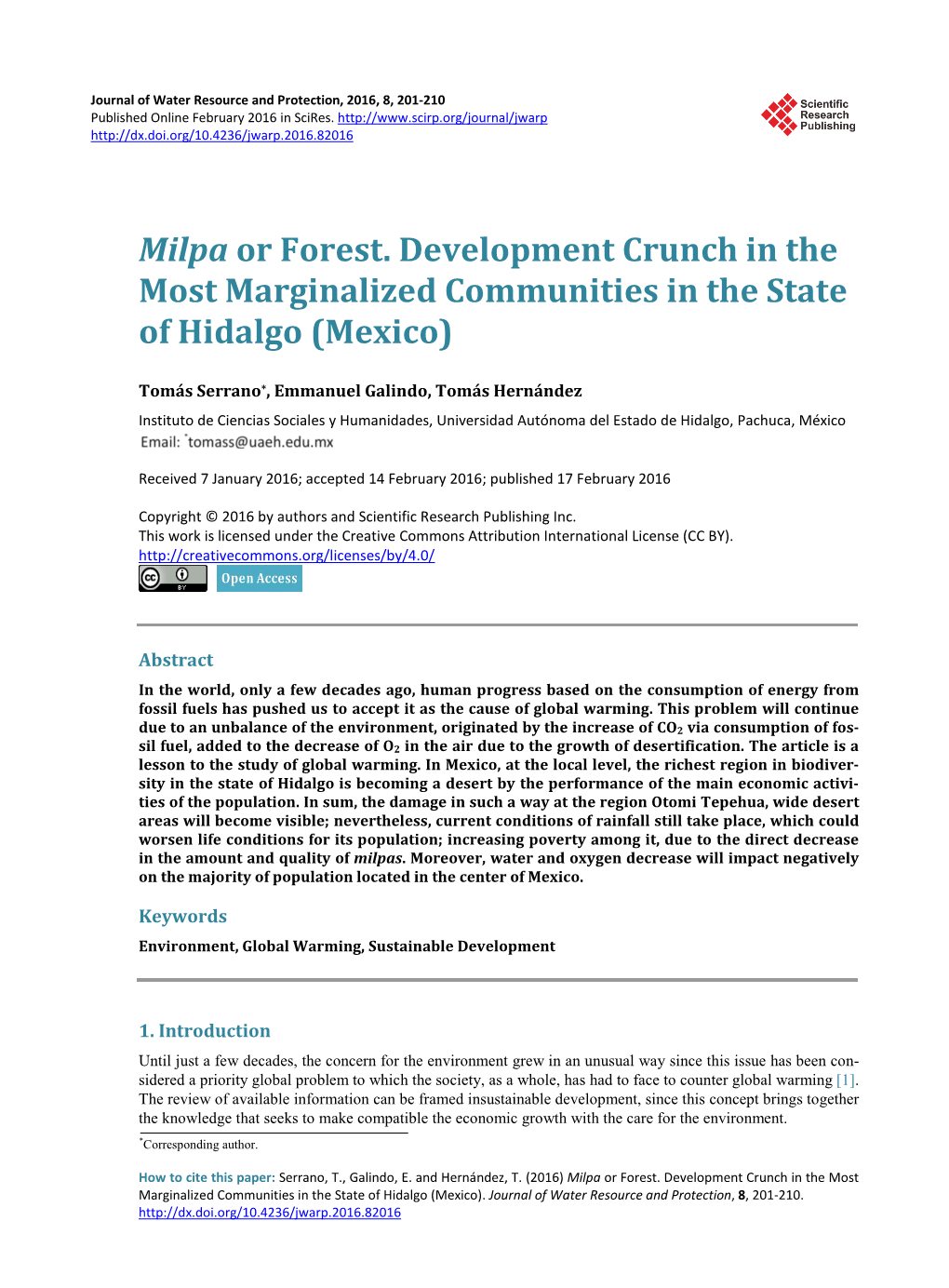 Milpa Or Forest. Development Crunch in the Most Marginalized Communities in the State of Hidalgo (Mexico)