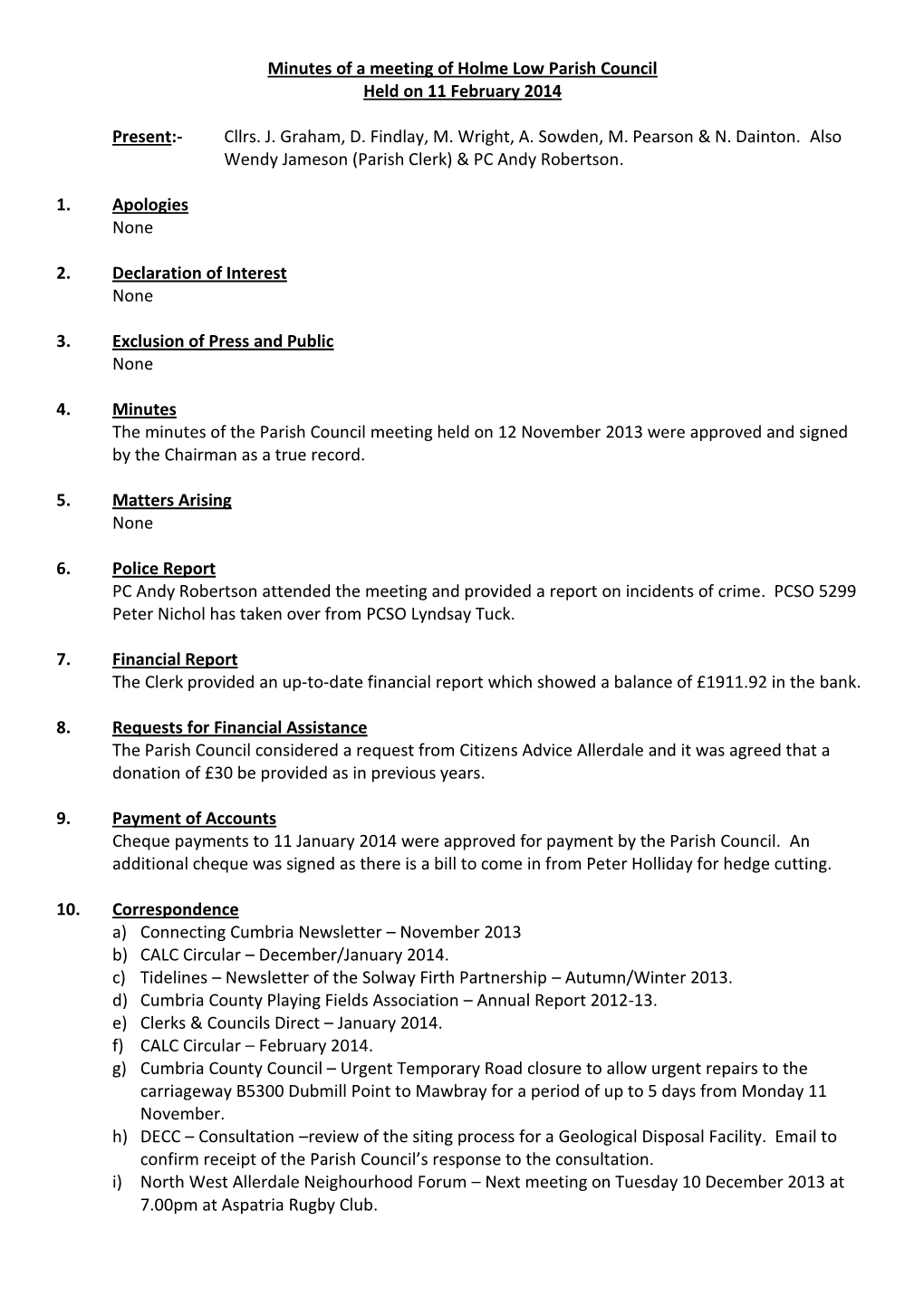 Minutes of a Meeting of Holme Low Parish Council Held on 11 February 2014