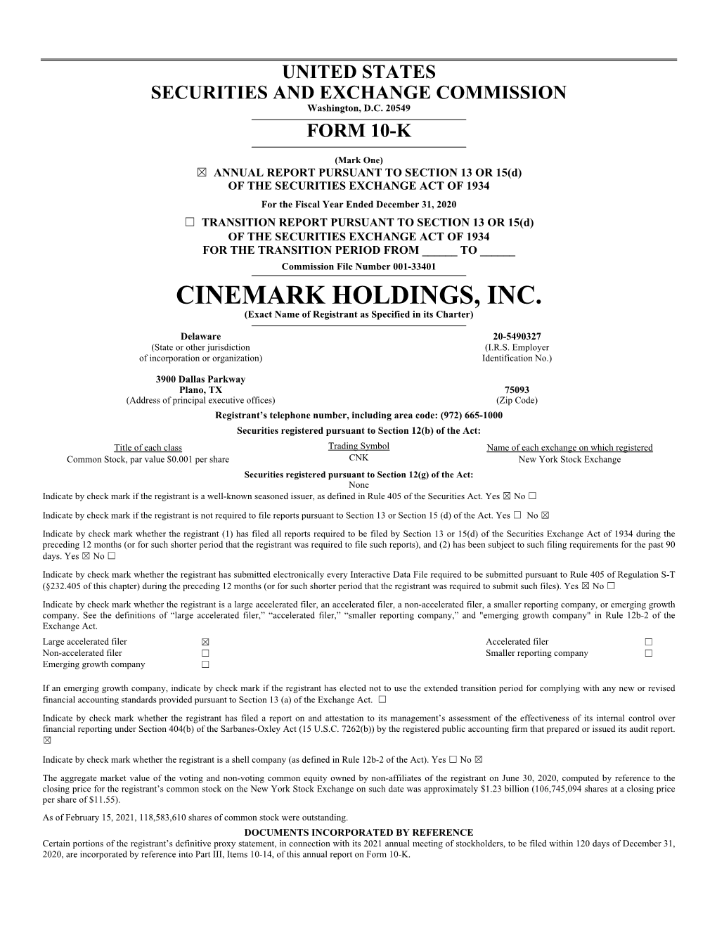 Cinemark Holdings, Inc 2020 Form 10-K