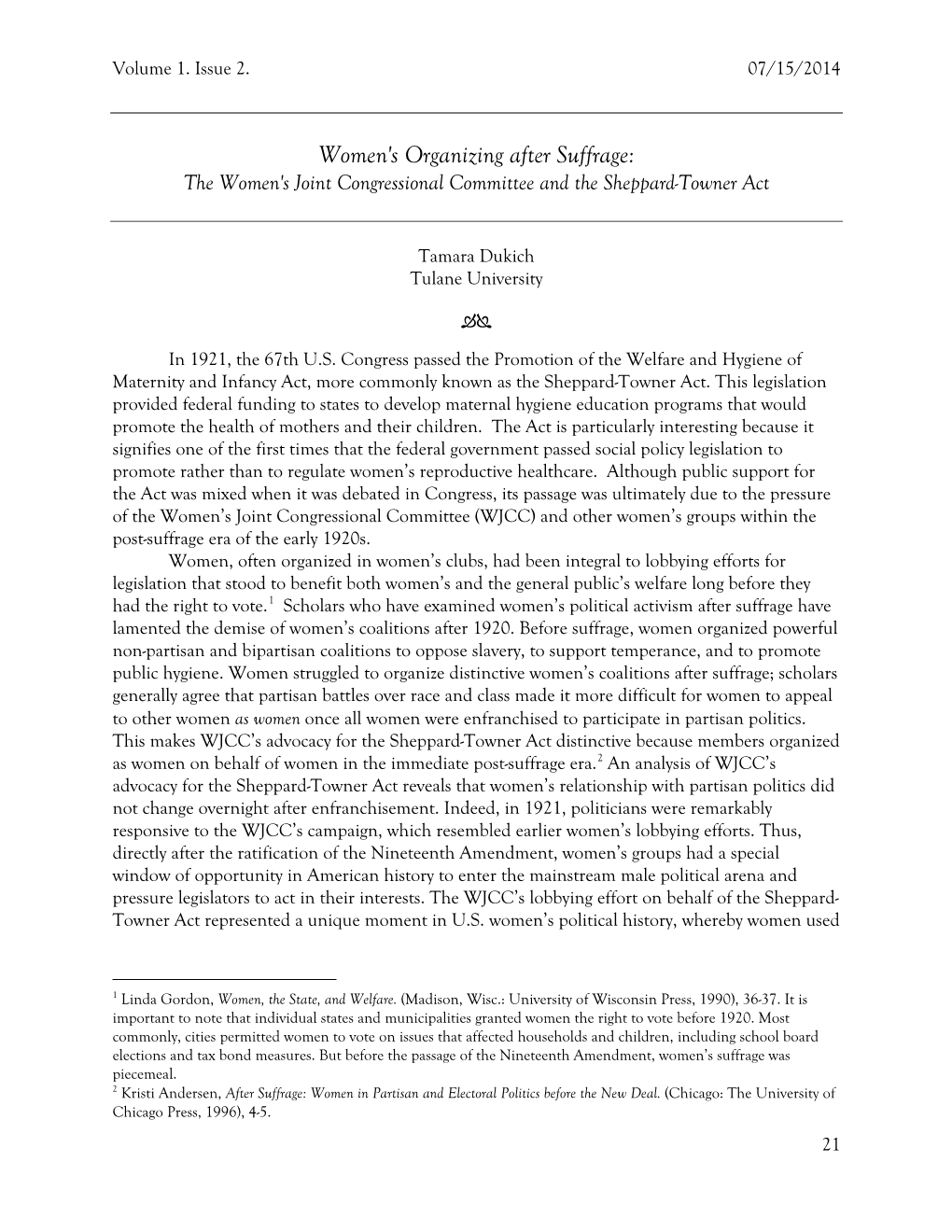 Women's Organizing After Suffrage: the Women's Joint Congressional Committee and the Sheppard-Towner Act