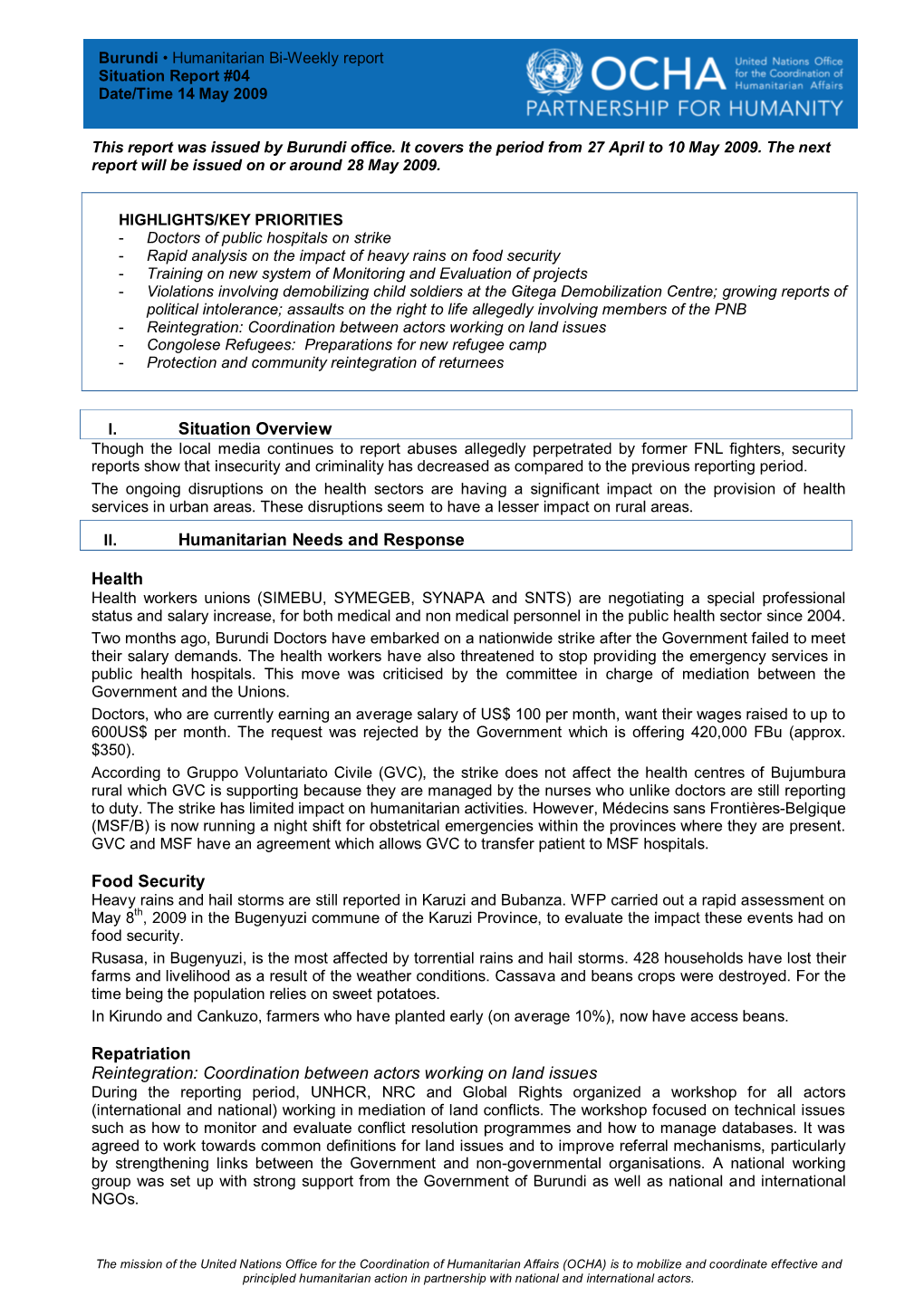 Health Food Security Repatriation Reintegration: Coordination