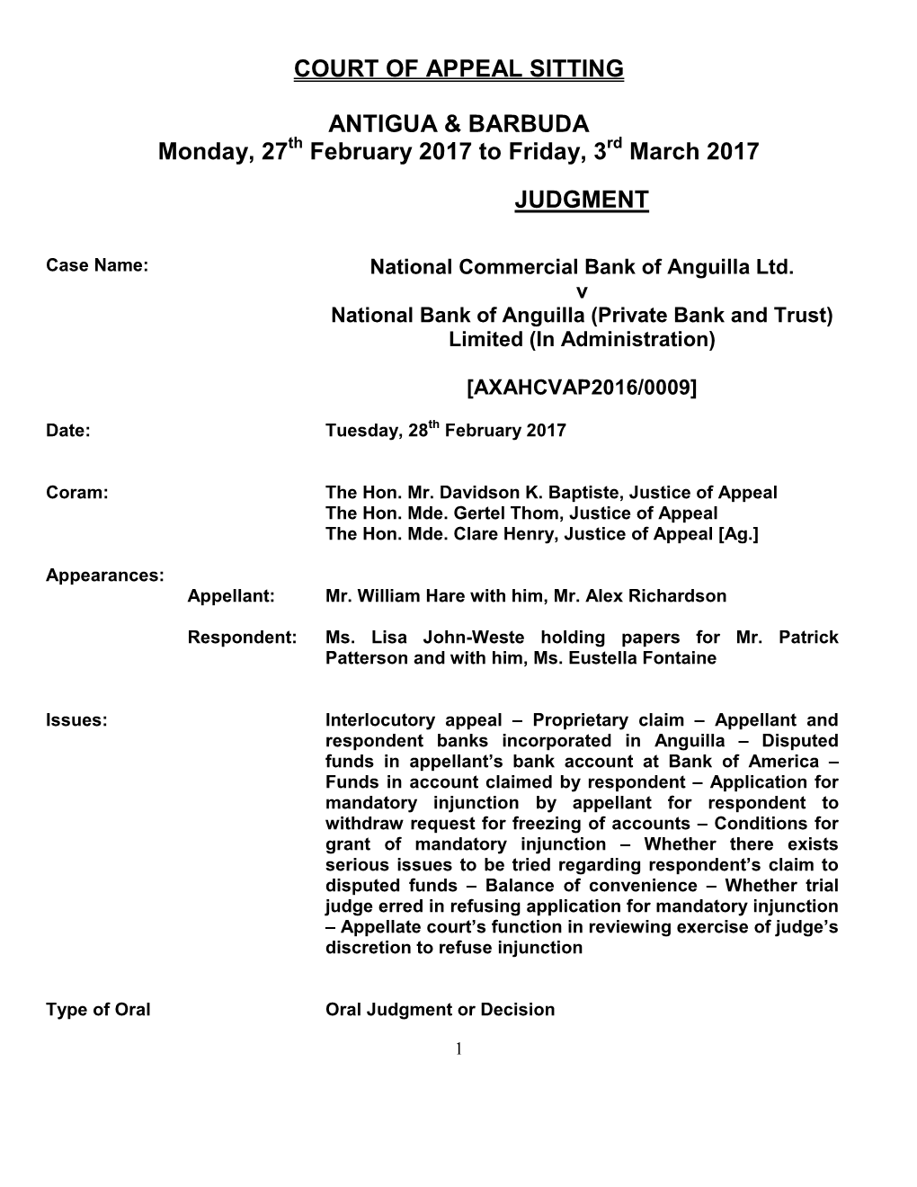 COURT of APPEAL SITTING ANTIGUA & BARBUDA Monday, 27