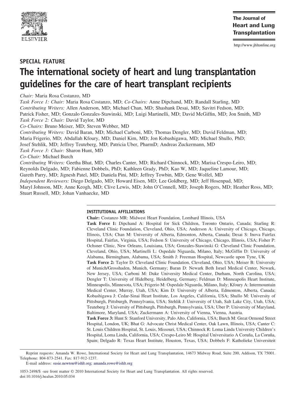 The International Society of Heart and Lung Transplantation Guidelines For