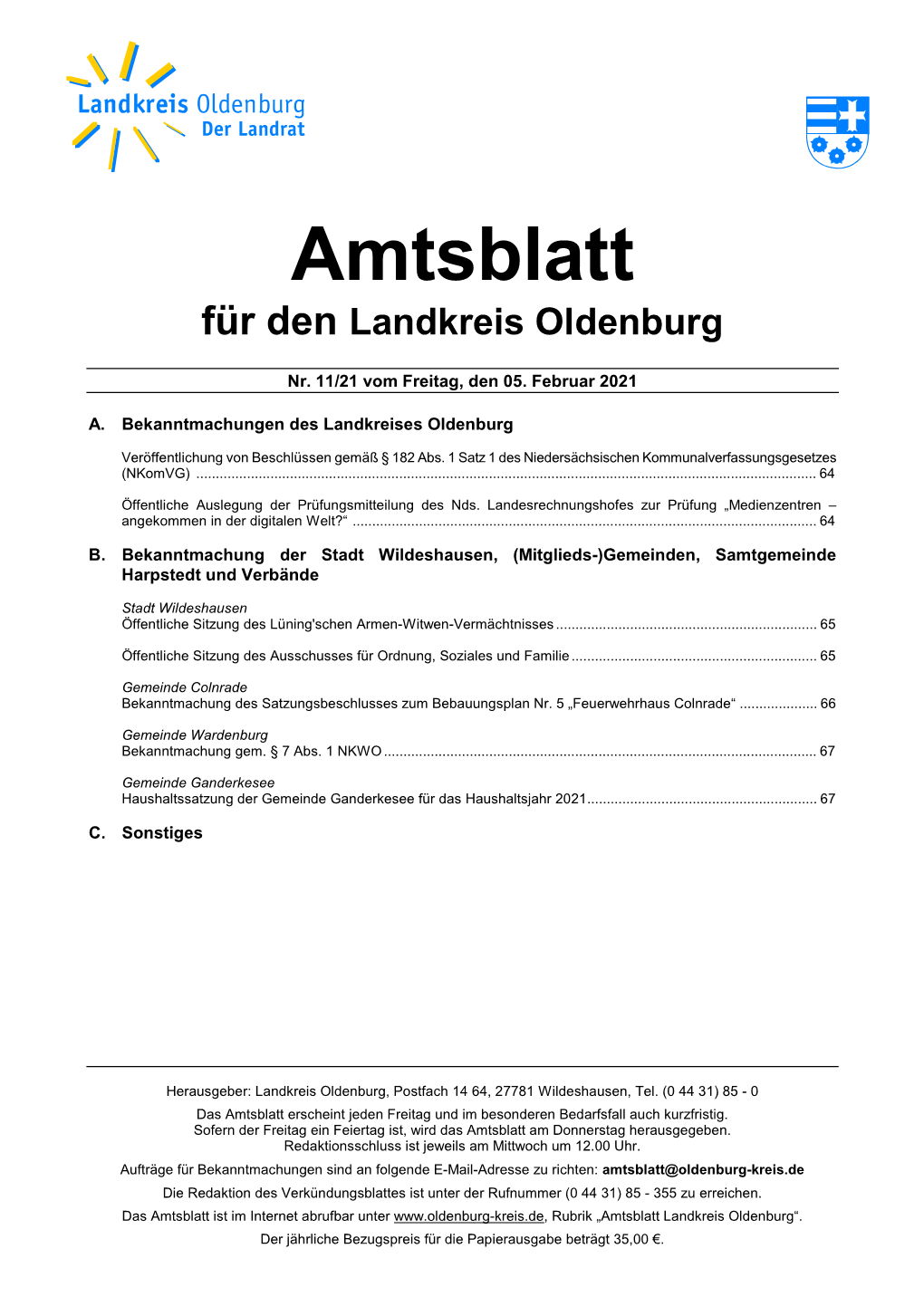 Amtsblatt Für Den Landkreis Oldenburg