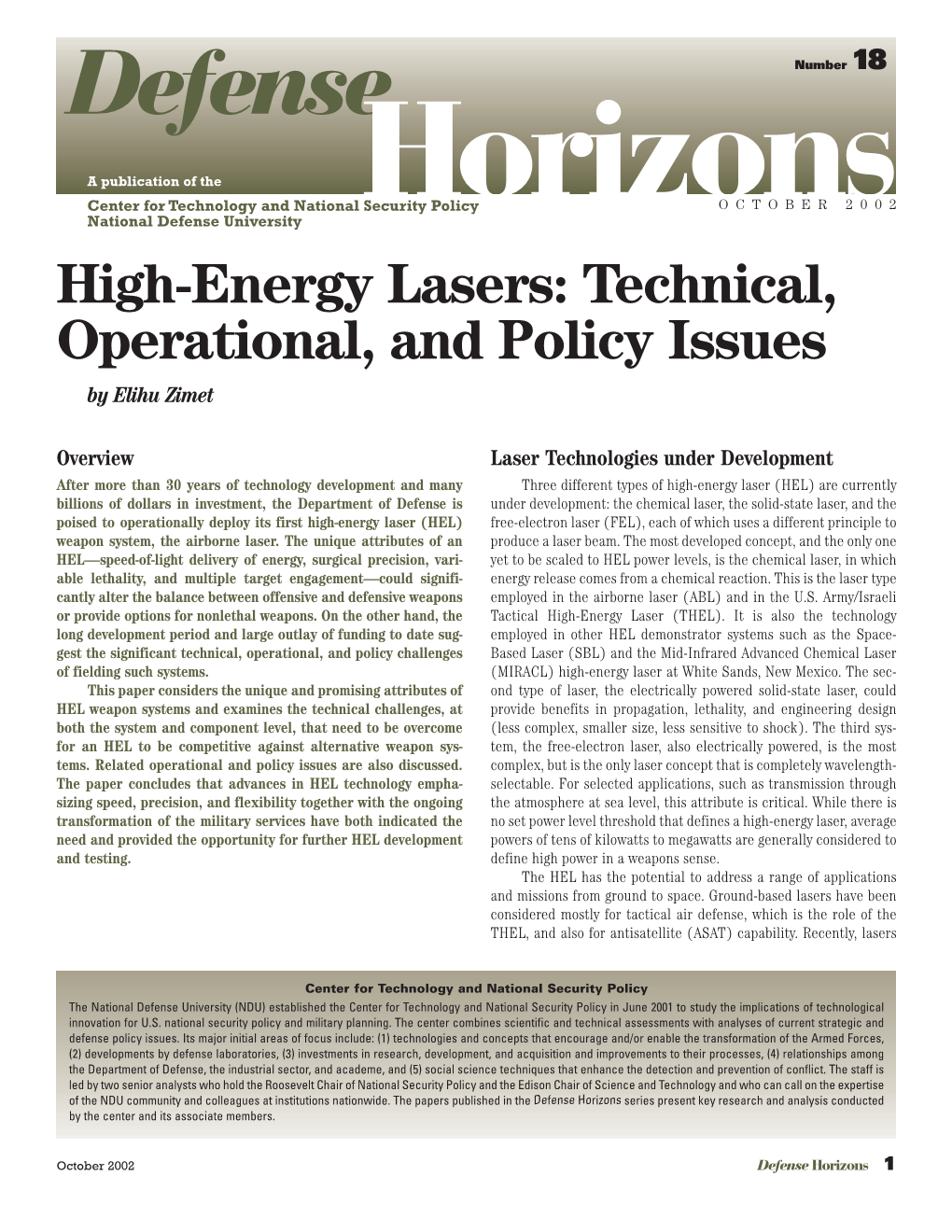 High-Energy Lasers: Technical, Operational, and Policy Issues by Elihu Zimet