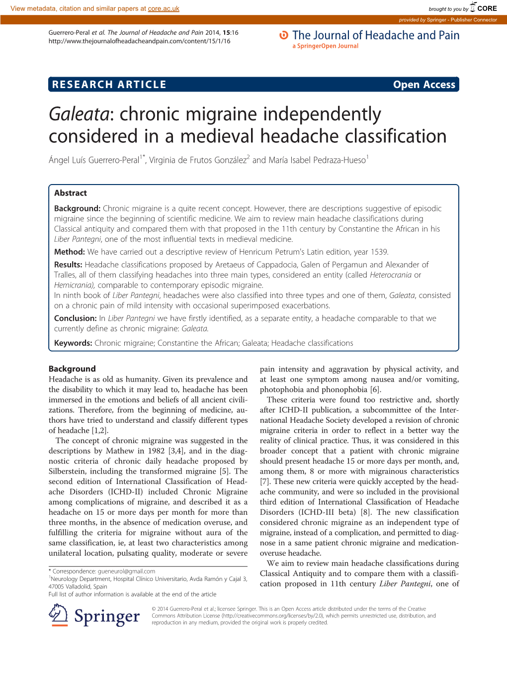 Chronic Migraine Independently Considered in a Medieval Headache Classification