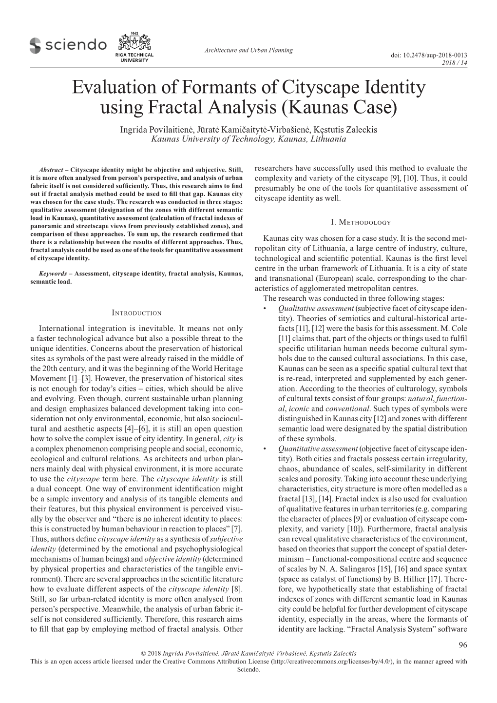 Evaluation of Formants of Cityscape Identity Using Fractal Analysis (Kaunas Case)