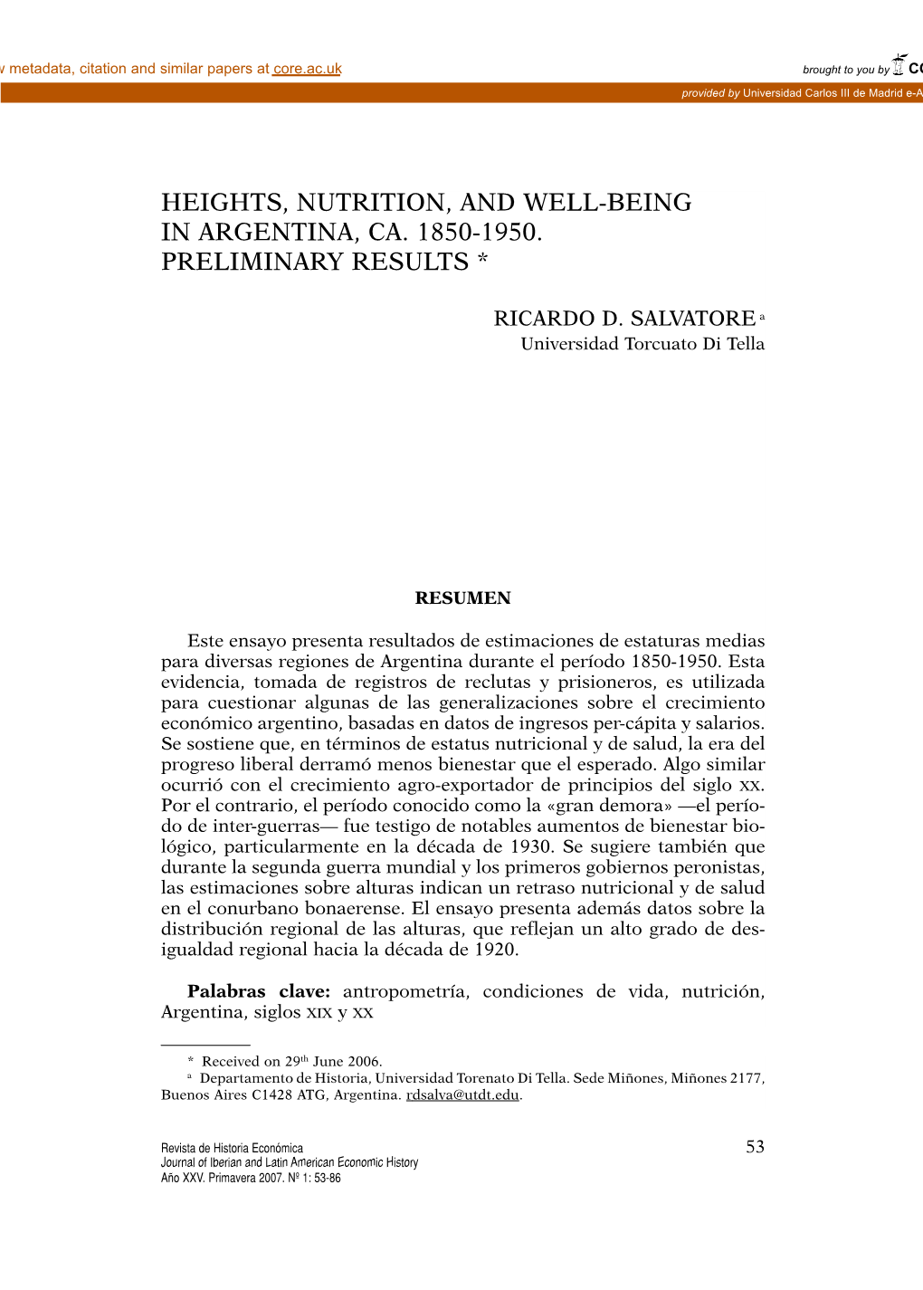 Heights, Nutrition, and Well-Being in Argentina, Ca. 1850-1950